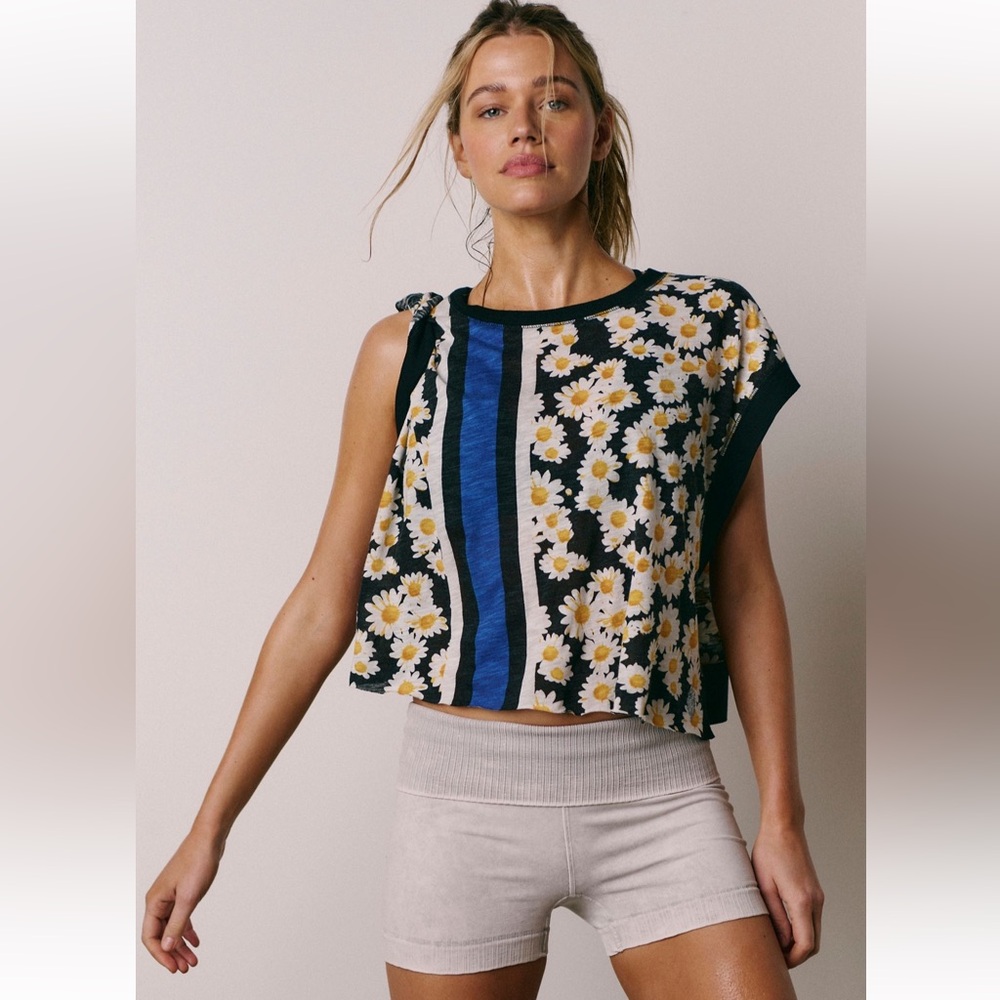 FP Movement by Free People Black Daisy Print Short Sleeve Tee with Blue Stripe